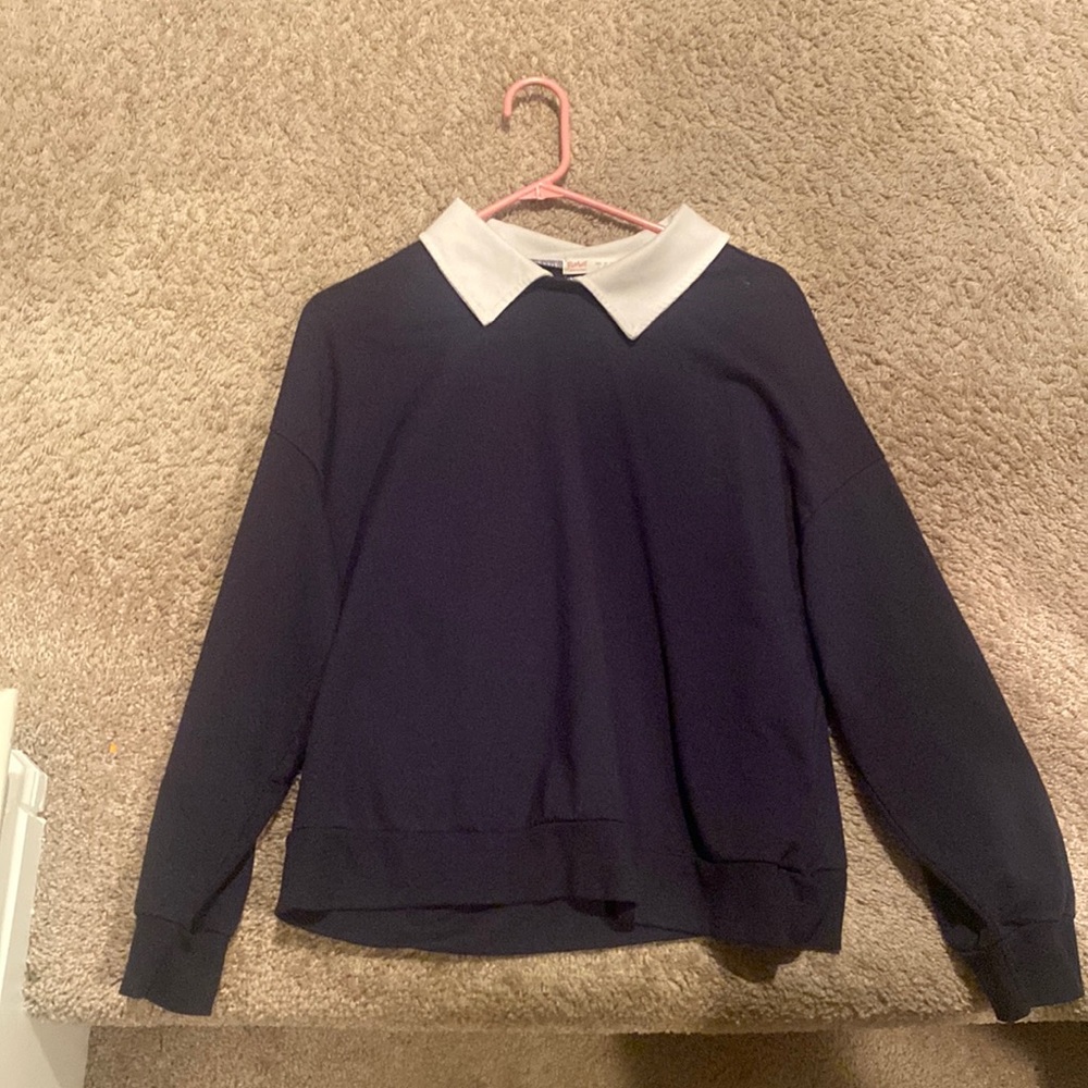 dark blue crew neck with white collar. brand: romwe, size: large,